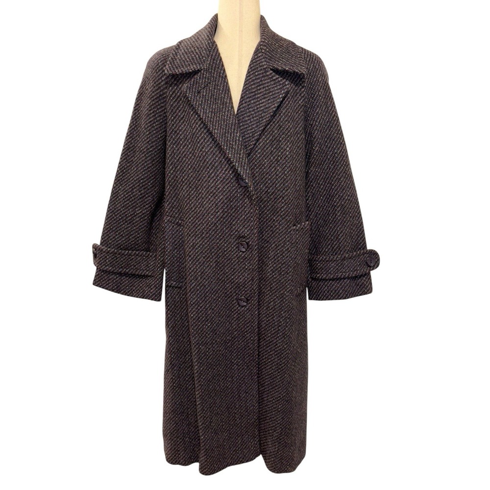 Vintage Projections Union Made Tweed Trench Coat Pockets 80s Black Blue Purple M